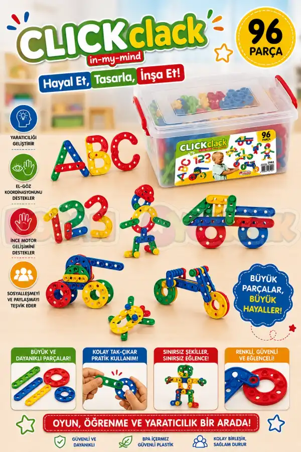 Click Clack Lego (96 Parça) - ClickClack Puzzle - Sök Tak Bloklar - Legolar Oyuncak