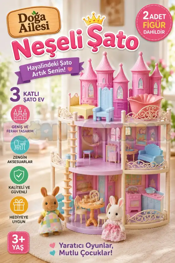 Doğa Ailesi Neşeli Şato 3 Katlı Oyuncak Ev Seti - Sylvanian Uyumlu Oyun Evi