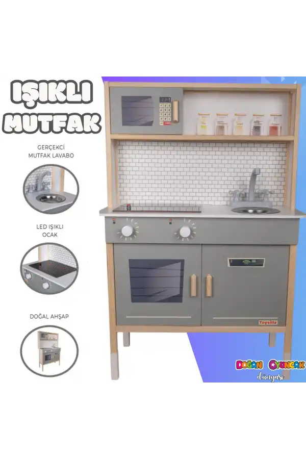 Delüx Işıklı Hamarat Ahşap Mutfak - Ahşap Çocuk Mutfağı - Mutfak Seti - Kapaklı Mutfak - Gri