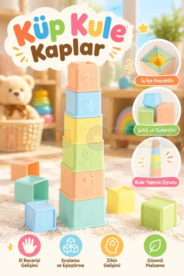 Dolu 5204 Küp Kule Kaplar - Eğitici Kule Oyuncağı
