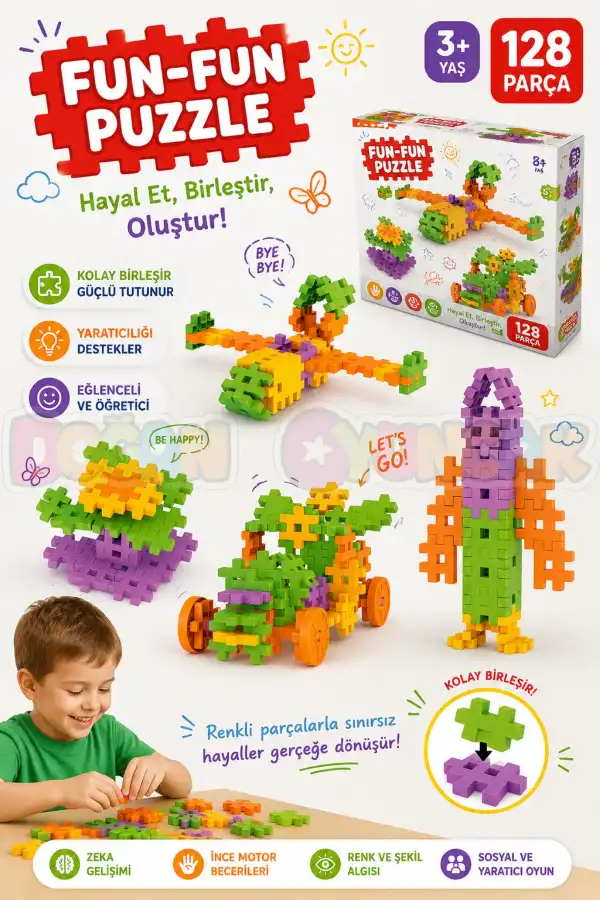 FunFun Puzzle (128 Parça) - Lego Setleri - Geometrik Oyuncak - Fun-Fun - Kare Bloklar