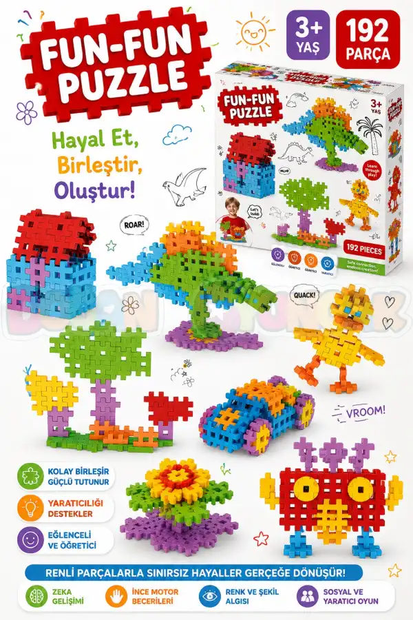 FunFun Puzzle (192 Parça) - Lego Setleri - Geometrik Oyuncak - Fun-Fun - Kare Bloklar