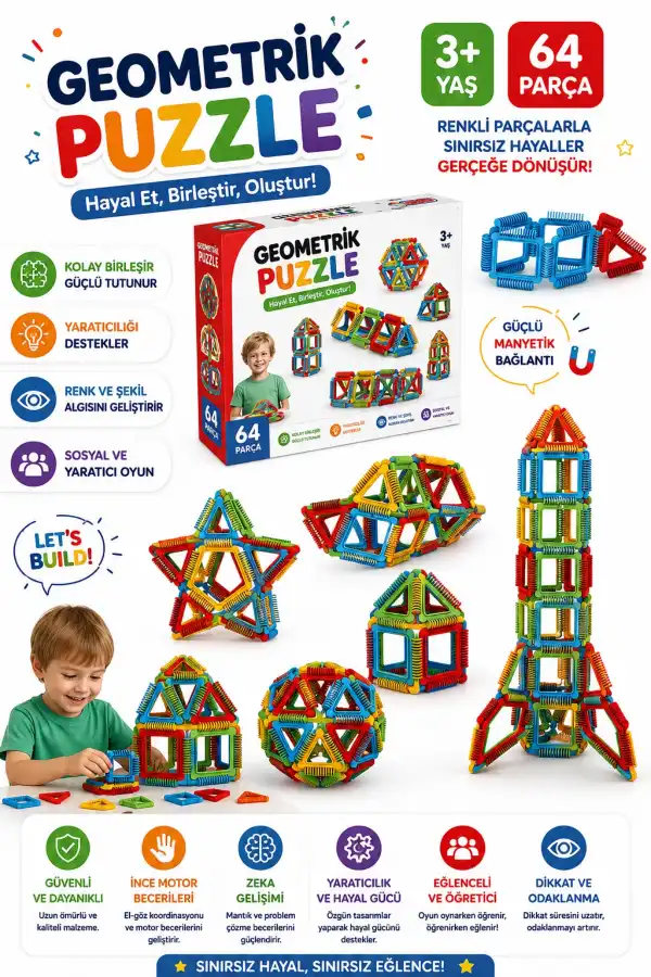 Geometrik Puzzle (64 Parça) - Lego Setleri - Geometrik Oyuncak - Şekilli Lego - Kare Bloklar