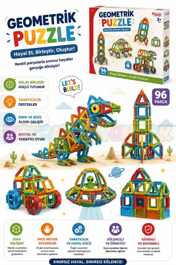Geometrik Puzzle (96 Parça) - Lego Setleri - Geometrik Oyuncak - Şekilli Lego - Kare Bloklar