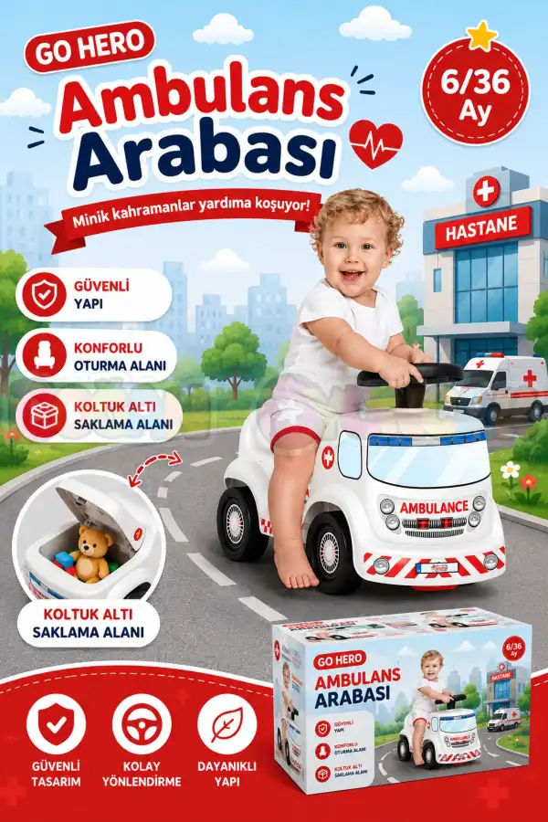 Go Hero Ambulans Arabası - Binmeli Araba İlk Arabam - Çocuk Arabası - İlk Adım Arabası - 4 Teker Araç