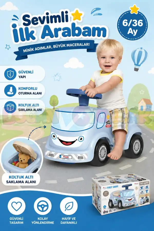 Go Hero İlk Arabam Mavi - Binmeli Araba İlk Arabam - Çocuk Arabası - İlk Adım Arabası - 4 Teker Araç