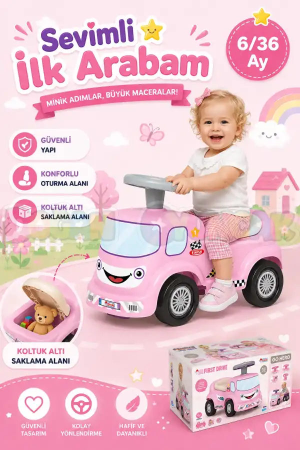 Go Hero İlk Arabam Pembe - Binmeli Araba İlk Arabam - Çocuk Arabası - İlk Adım Arabası - 4 Teker Araç