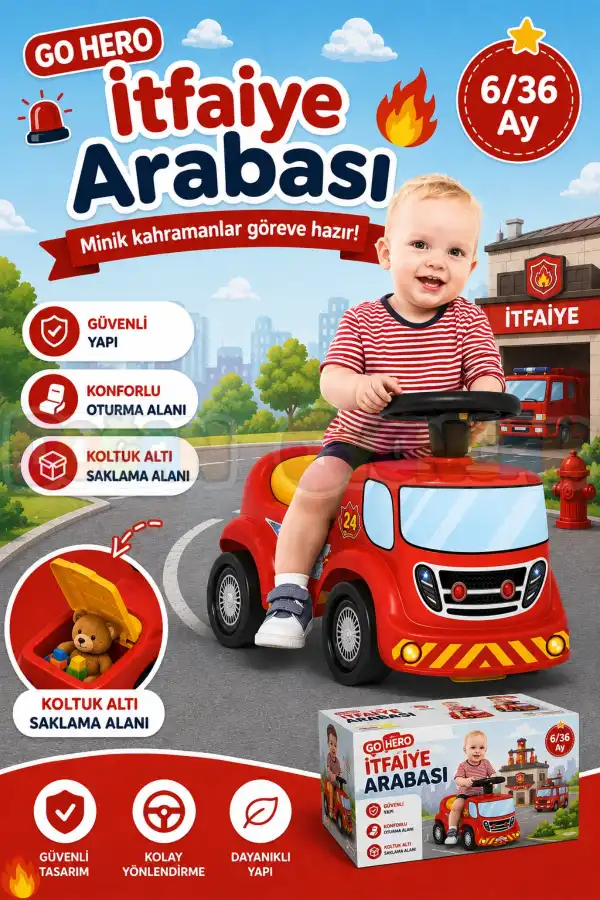 Go Hero İtfaiye Arabası - Binmeli Araba İlk Arabam - Çocuk Arabası - İlk Adım Arabası - 4 Teker Araç