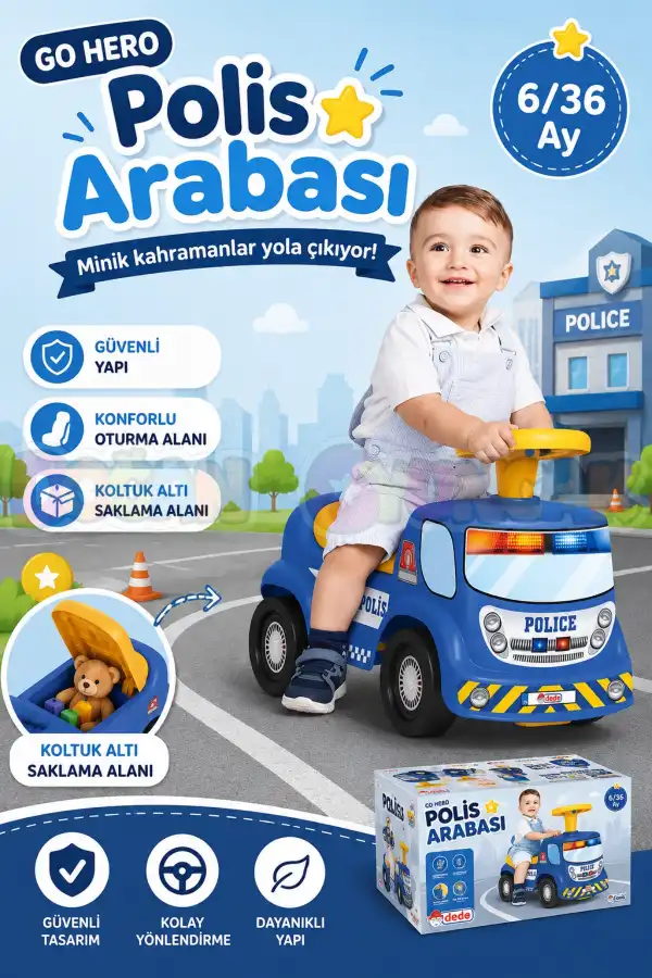 Go Hero Polis Arabası - Binmeli Araba İlk Arabam - Çocuk Arabası - İlk Adım Arabası - 4 Teker Araç