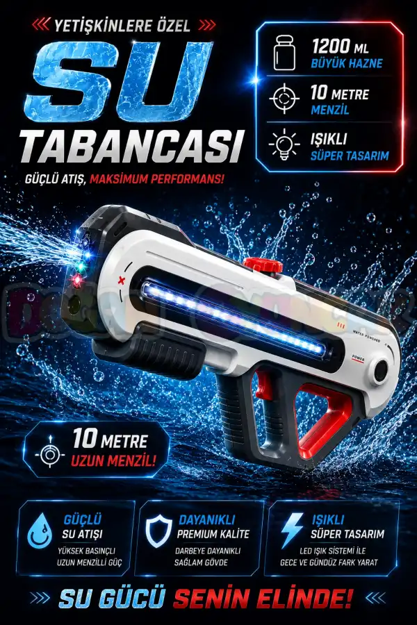 Işıklı Şarjlı Yetişkinler İçin Su Tabancası 10 Metre Menzilli 1000 Ml - Elektirikli Su Tabancası