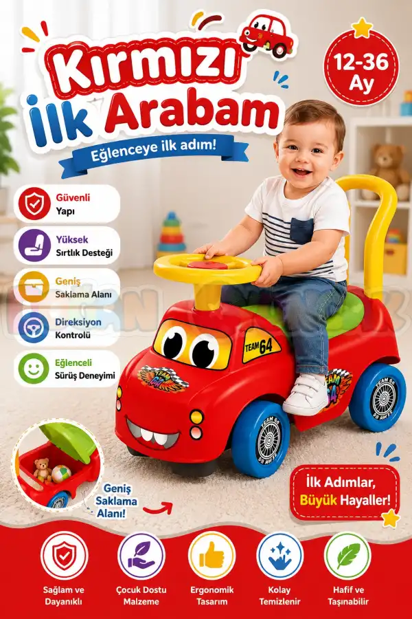 Kırmızı İlk Arabam - İlk Arabam - Binmeli Araba - Çocuk Arabası - İlk Adım Arabası
