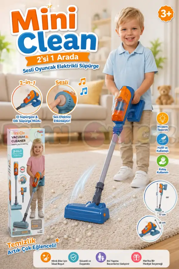 Mini Clean 2’si 1 Arada Sesli Oyuncak Elektrikli Süpürge – 70 cm
