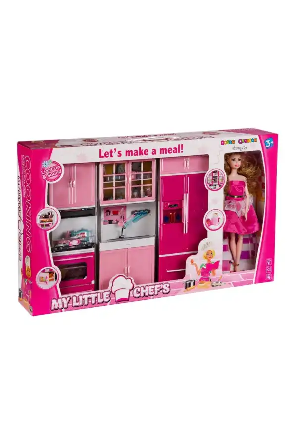My Happy Kitchen Bebekli Üçlü Mutfak Seti - Modern Mutfak Seti - Işıklı Sesli Mutfak Oyuncak - Fırın, Buzdolabı, Lavabo