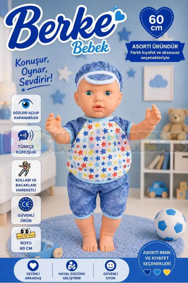 Oynar Gözlü Türkçe Konuşan Berke Kel Et Bebek 60 Cm. - Konuşabilen Bebek - Kel Büyük Bebek