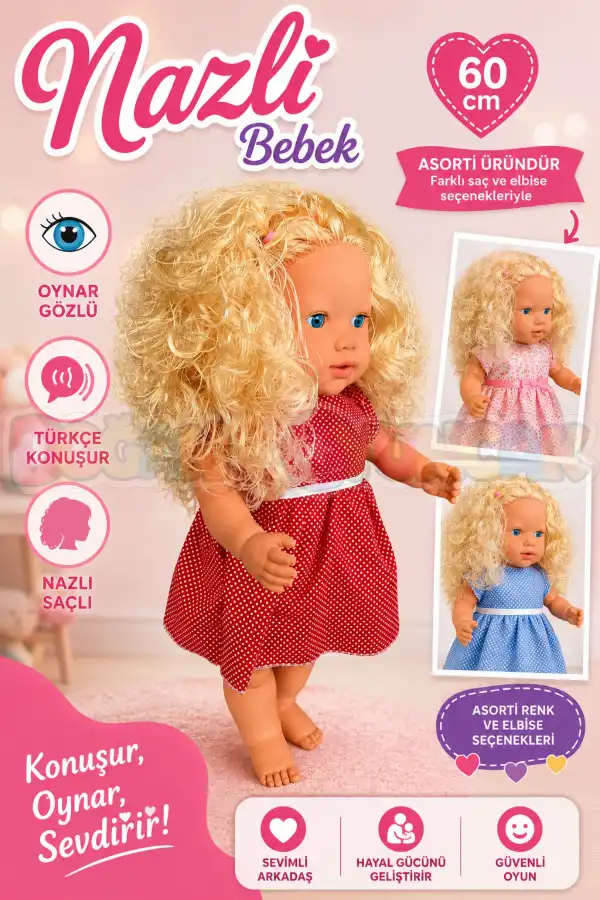 Oynar Gözlü Türkçe Konuşan Nazlı Saçlı Et Bebek 60 Cm. - Konuşabilen Bebek - Saçlı Büyük Bebek