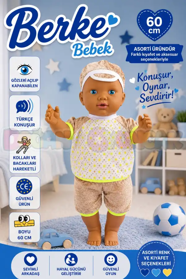 Oynar Gözlü Türkçe Konuşan Siyahi Berke Kel Et Bebek 60 Cm. - Konuşabilen Bebek - Kel Büyük Bebek
