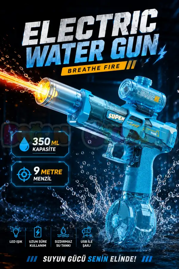 Premium Işıklı Şarjlı Su Tabancası 9 Metre Menzilli 350 Ml Su Haznesi - Lüx Şarjlı Su Tabancası