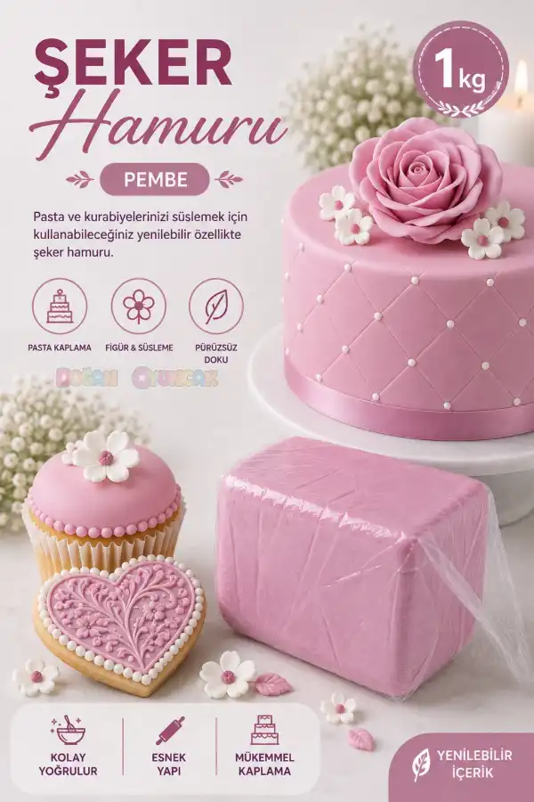 Premium Pasta Şeker Hamuru Pembe Renk 1 Kg.