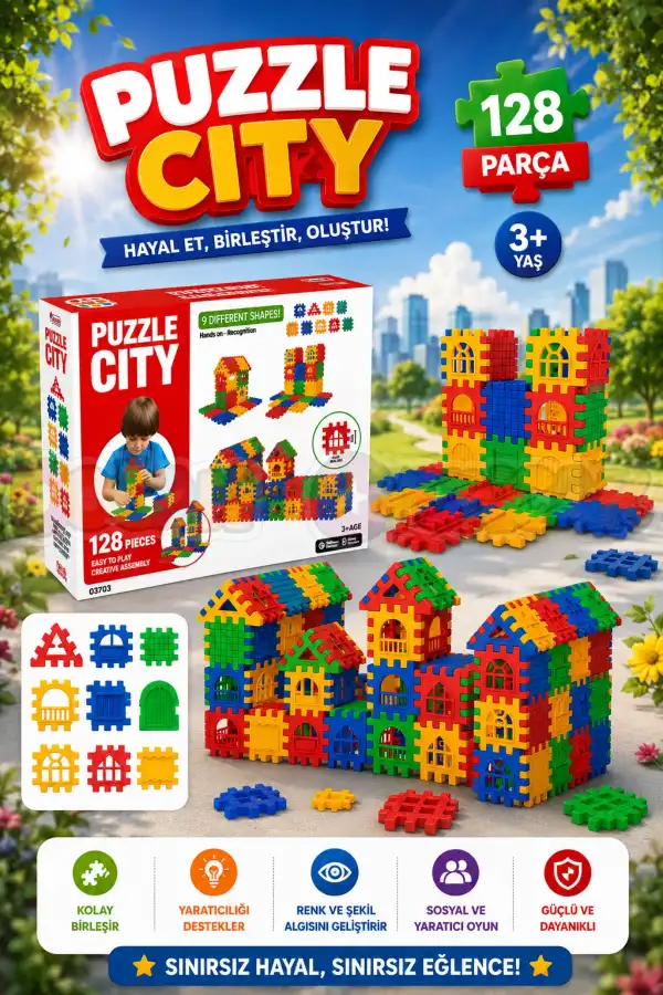 Puzzle City (128 Parça) - Lego Setleri - Ev Blokları - Şekilli Lego - Kare Bloklar
