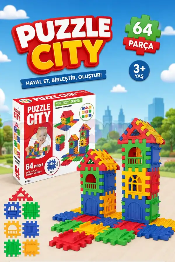 Puzzle City (64 Parça) - Lego Setleri - Ev Blokları - Şekilli Lego - Kare Bloklar