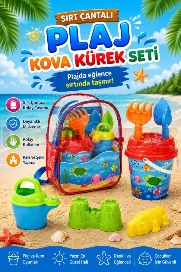 Resimli Sırt Çantalı Plaj Kova Kürek Seti 03499