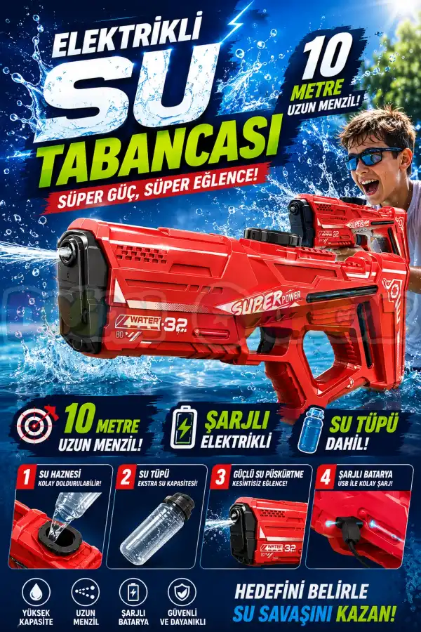 Şarjlı Su Tabancası 10 Metre Menzilli - Water Gun Elektirikli Su Eğlencesi Su Silahı Super Power