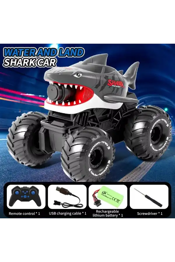 Shark Amphibious Racing Car Siyah - Uzaktan Kumandalı Su Atan Saatli Köpek Balığı - Saat Kontröllü