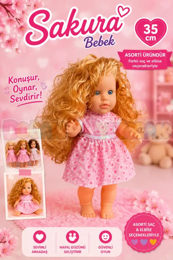 Türkçe Konuşan Sakura Saçlı Et Bebek 35 Cm. - Konuşabilen Bebek - Saçlı Büyük Bebek - Saçlı Bebek