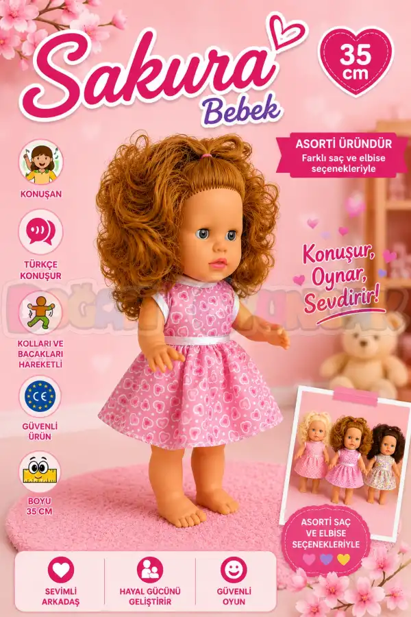 Türkçe Konuşan Sakura Saçlı Et Bebek 35 Cm. Kutulu - Konuşabilen Bebek - Saçlı Büyük Bebek - Saçlı Bebek