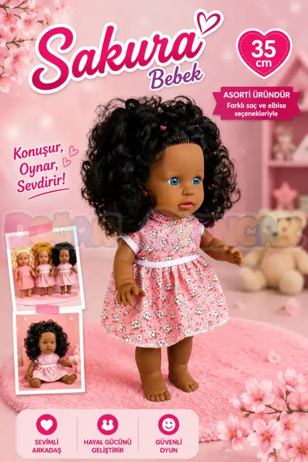 Türkçe Konuşan Siyahi Sakura Saçlı Et Bebek 35 Cm. - Konuşabilen Bebek - Saçlı Büyük Bebek - Saçlı Bebek