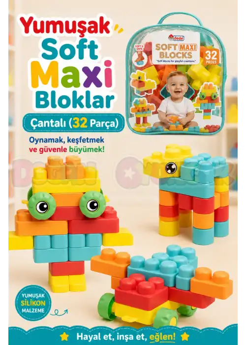 Yumuşak Soft Maxi Bloklar Çantalı (32 Parça) - Soft Yumuşak Bloklar - Büyük Soft Lego Oyuncakları - Yumuşak Lego - Soft Lego