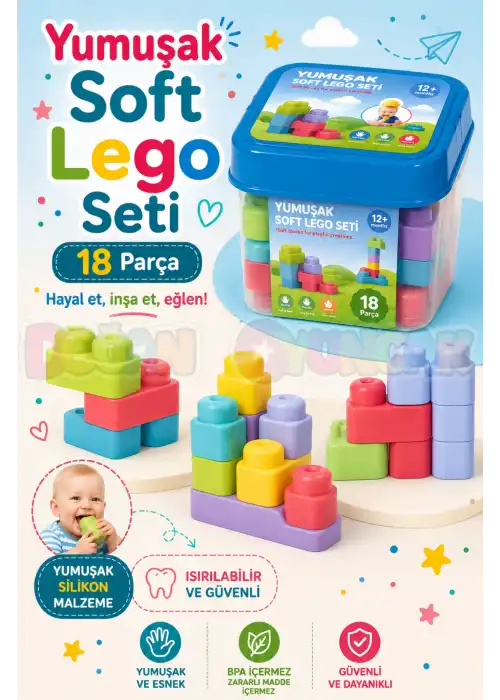 Yumuşak Soft Lego Seti 18 Parça - Büyük Yumuşak Bloklar - Büyük Soft Lego Oyuncakları - Yumuşak Lego - Soft Lego