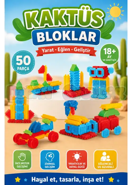Kaktüs Bloklar (50 Parça) - Kaktüs Oyuncak - Lego Seti - Kaktüs Lego - Taraklı Lego Eğitici Lego Seti