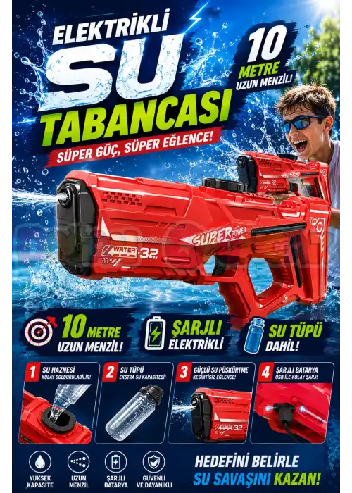 Şarjlı Su Tabancası 10 Metre Menzilli - Water Gun Elektirikli Su Eğlencesi Su Silahı Super Power