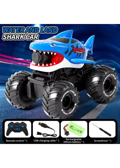 Shark Amphibious Racing Car Mavi - Uzaktan Kumandalı Su Atan Saatli Köpek Balığı - Saat Kontröllü