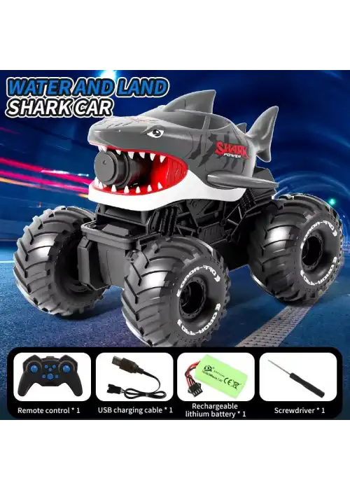 Shark Amphibious Racing Car Siyah - Uzaktan Kumandalı Su Atan Saatli Köpek Balığı - Saat Kontröllü