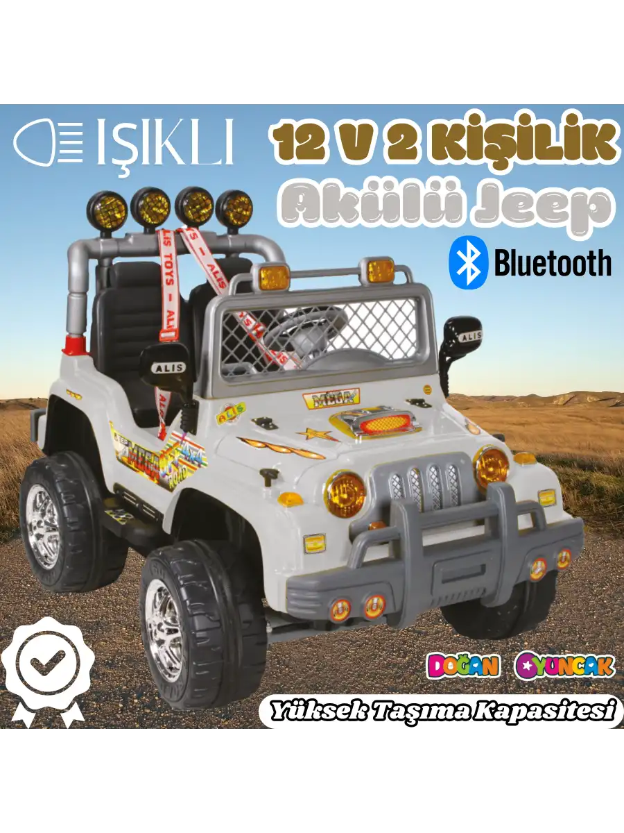 Çift Kişilik Mega Akülü Araba Gri - 12 Volt İki Kişilik Akülü Araba Akülü JEEP - Mega Off Road Turbo Jeep