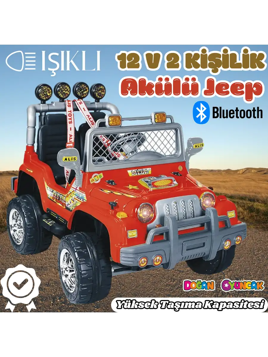 Çift Kişilik Mega Akülü Araba Kırmızı - 12 Volt İki Kişilik Akülü Araba Akülü JEEP - Mega Off Road Turbo Jeep