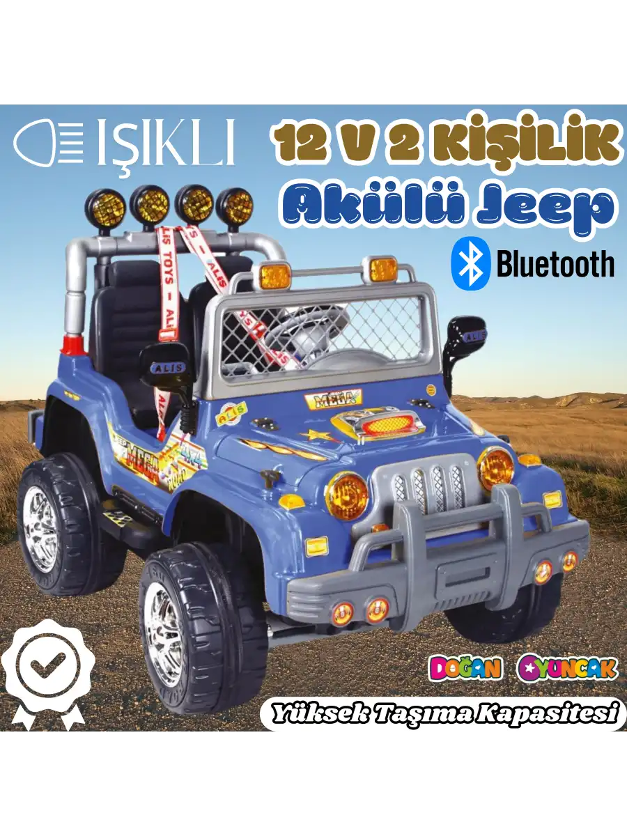 Çift Kişilik Mega Akülü Araba Mavi - 12 Volt İki Kişilik Akülü Araba Akülü JEEP - Mega Off Road Turbo Jeep