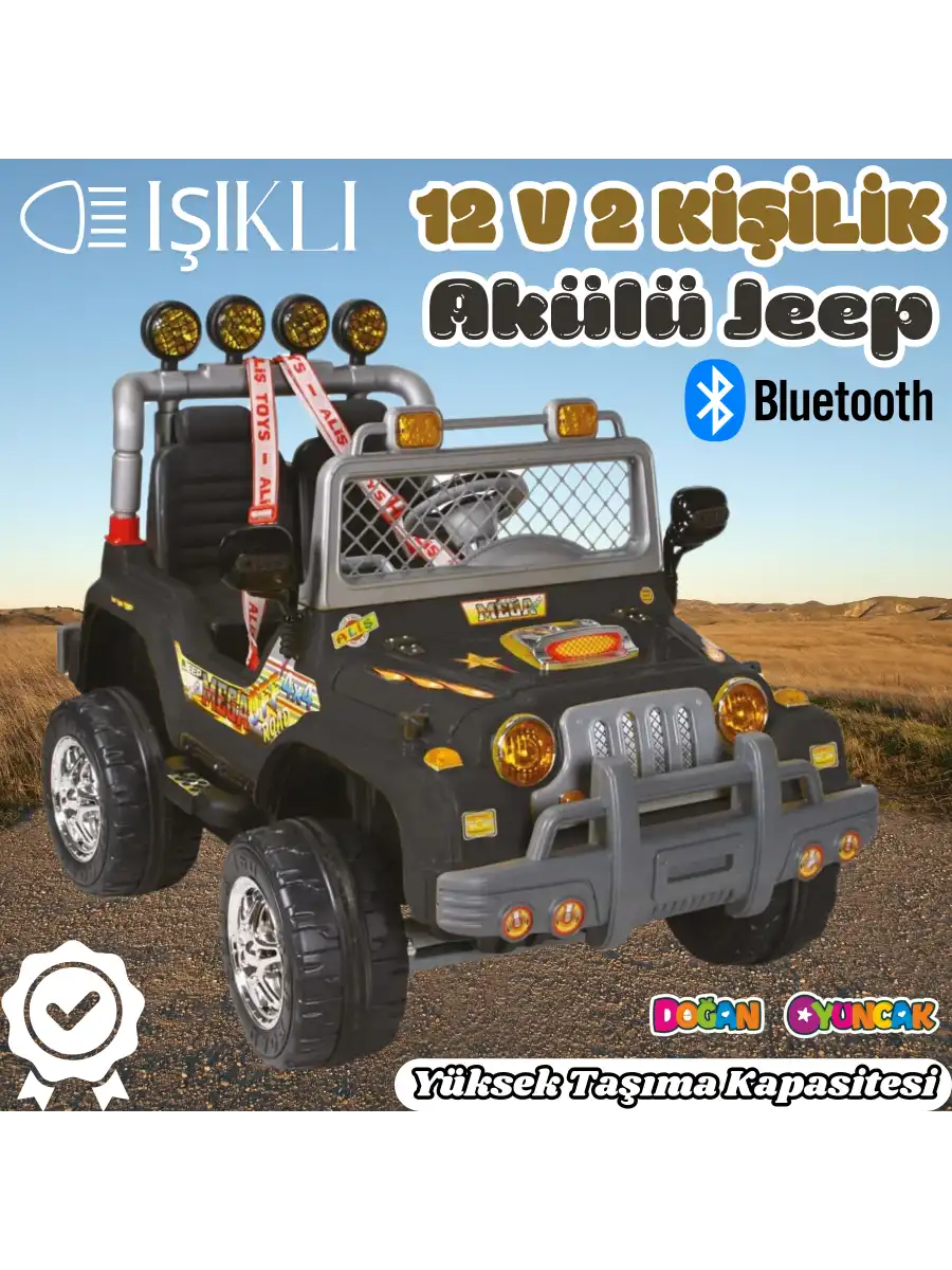 Çift Kişilik Mega Akülü Araba Siyah - 12 Volt İki Kişilik Akülü Araba Akülü JEEP - Mega Off Road Turbo Jeep