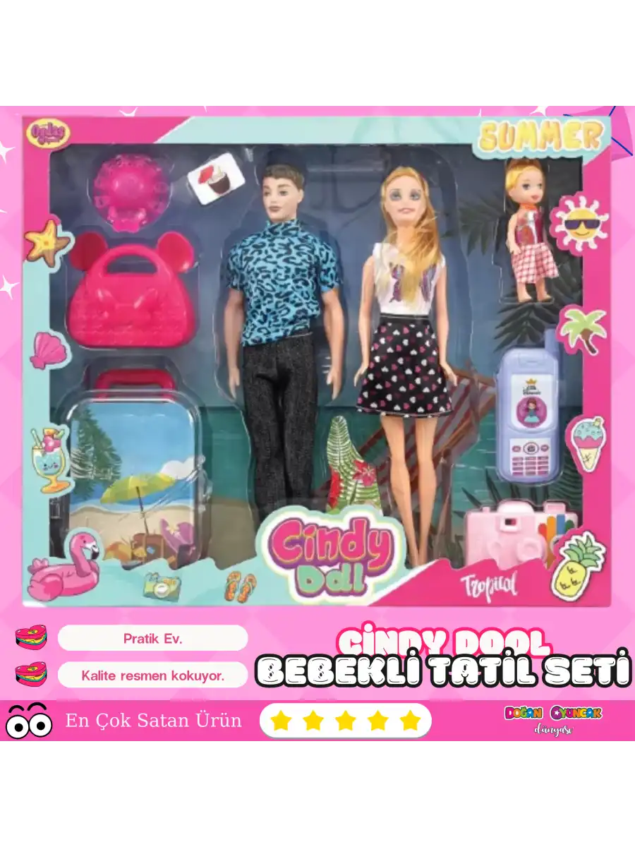 Cindy Doll Aile Tatil Seti - Aksesuarlı Bebek Seti - Oyuncak Tatil Seti - Gelin Damat Oyuncak Aile Oyuncak