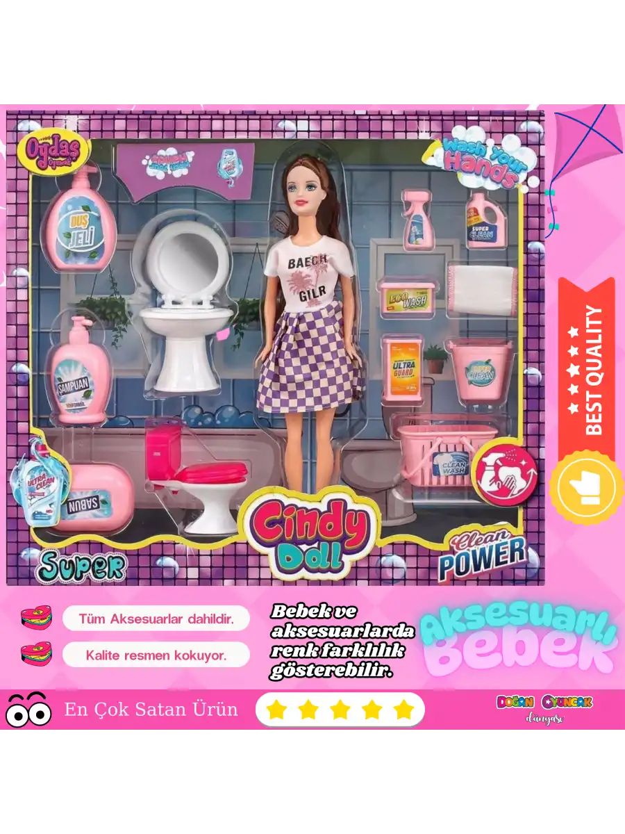 Cindy Doll Lavabo ve Temizlik Seti - Oyuncak Lavabolu Bebek - Barbie Temizlik Seti - Aksesuarlı Lavabo Bebek Oyuncak
