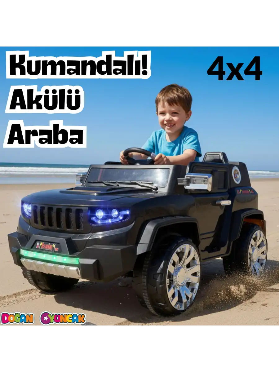 Fenomen Siyah Uzaktan Kumandalı 4X4 12 Volt Çift Kişilik Akülü Araba - RC Jeep 4x4 Akülü Araba