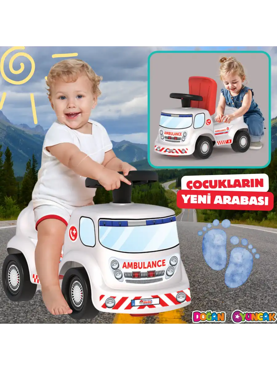 Go Hero Ambulans Arabası - Binmeli Araba İlk Arabam - Çocuk Arabası - İlk Adım Arabası - 4 Teker Araç