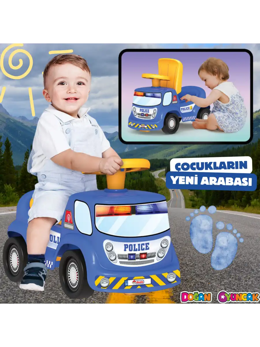 Go Hero Polis Arabası - Binmeli Araba İlk Arabam - Çocuk Arabası - İlk Adım Arabası - 4 Teker Araç
