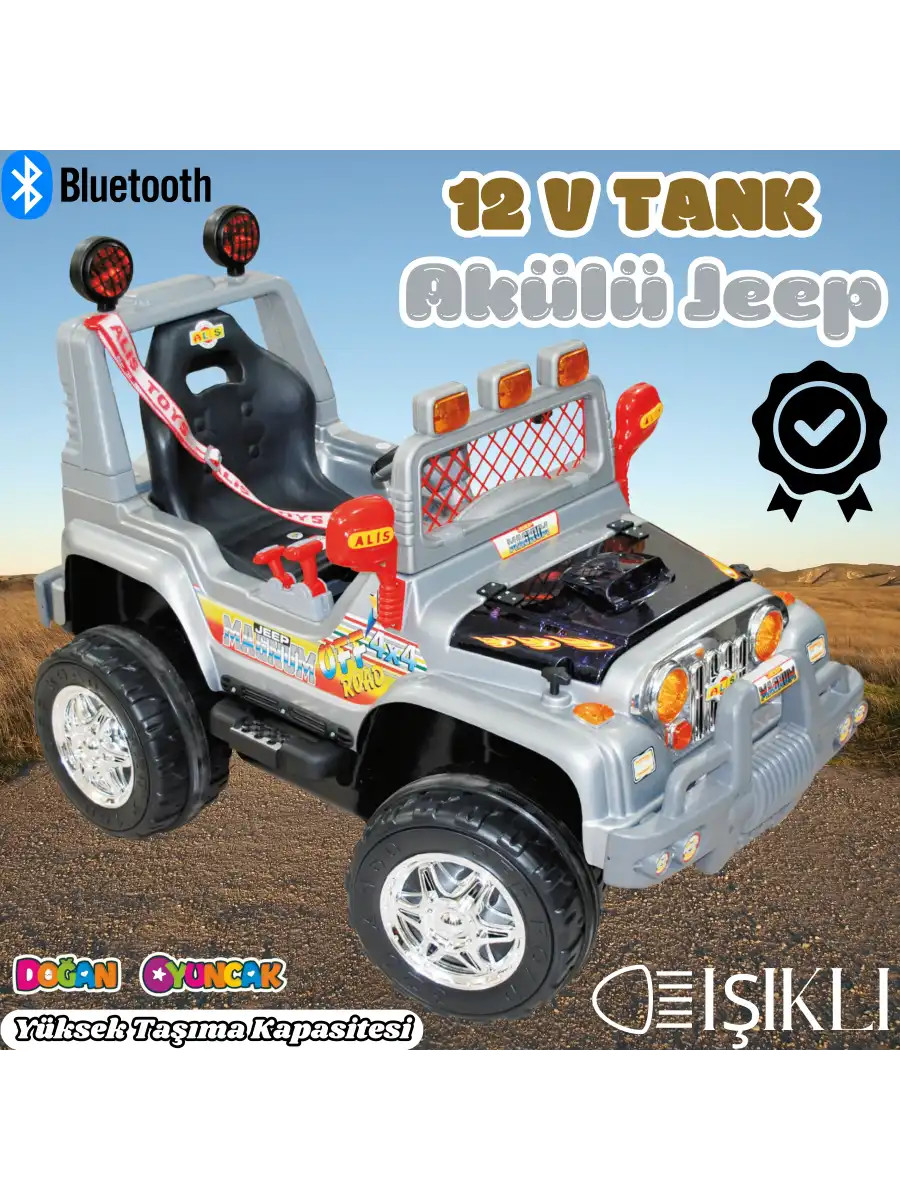 Işıklı Mega Akülü Araba Gri - 12 Volt Tek Kişilik Akülü Araba Akülü JEEP - Mega Off Road Turbo Jeep