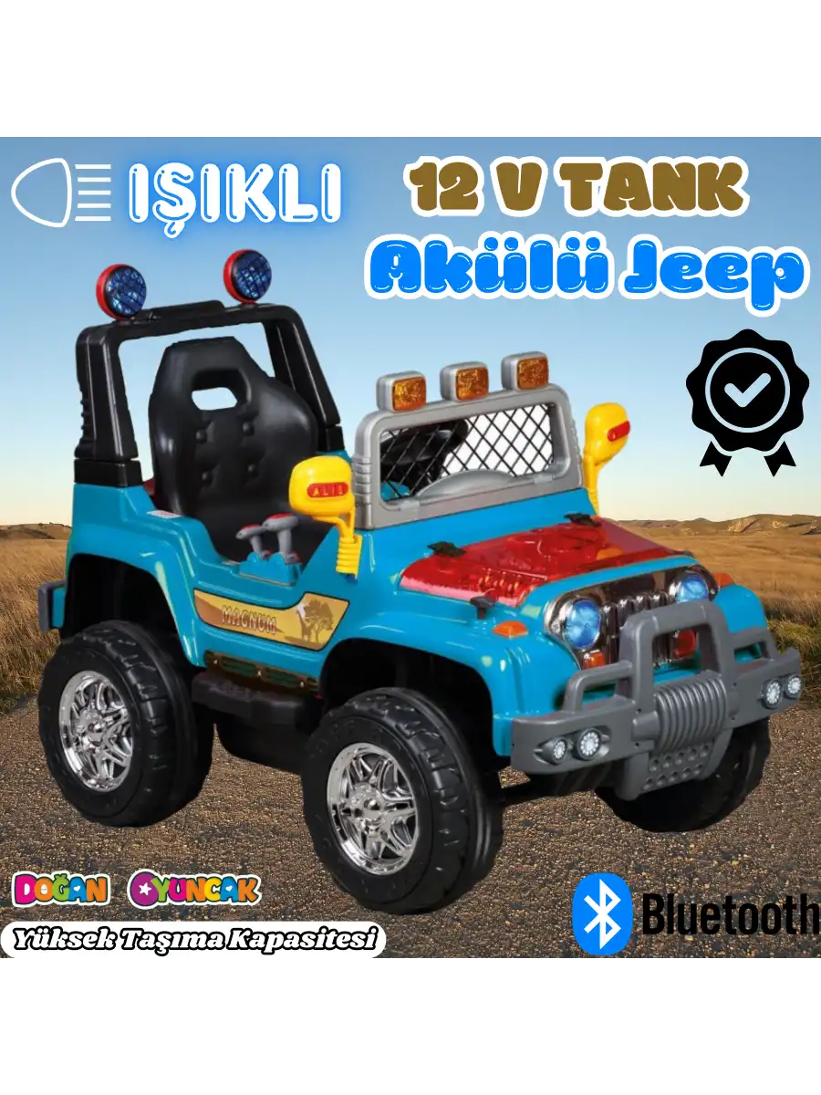 Işıklı Mega Akülü Araba Mavi - 12 Volt Tek Kişilik Akülü Araba Akülü JEEP - Mega Off Road Turbo Jeep