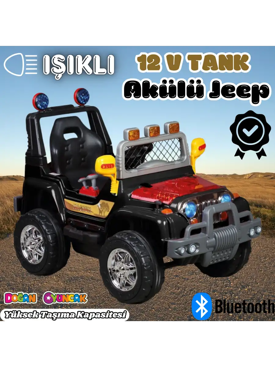 Işıklı Mega Akülü Araba Siyah - 12 Volt Tek Kişilik Akülü Araba Akülü JEEP - Mega Off Road Turbo Jeep