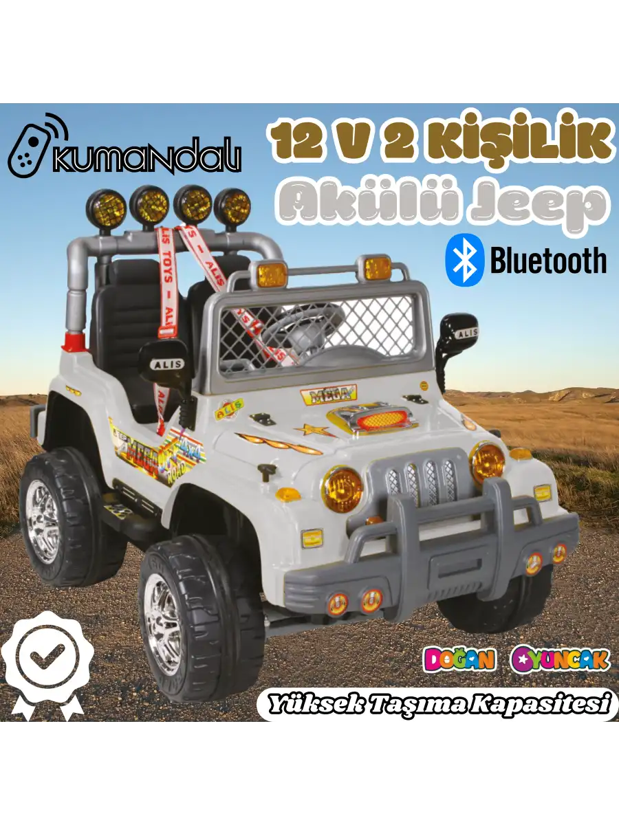 Kumandalı Çift Kişilik Mega Akülü Araba Gri - 12 Volt İki Kişilik Akülü Araba Akülü JEEP - Mega Off Road Turbo Jeep