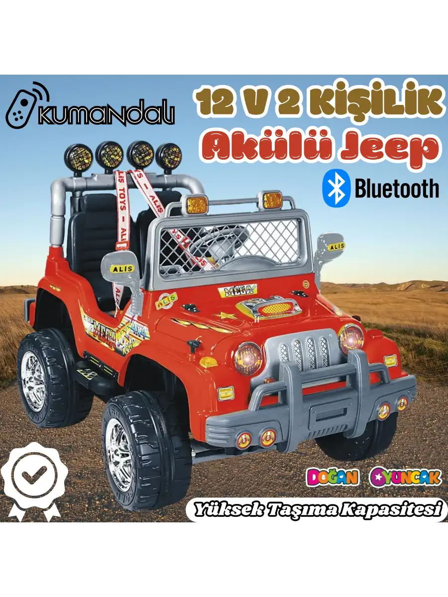 Kumandalı Çift Kişilik Mega Akülü Araba Kırmızı - 12 Volt İki Kişilik Akülü Araba Akülü JEEP - Mega Off Road Turbo Jeep